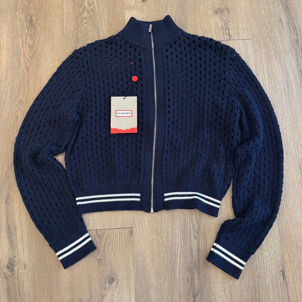 Hunter Boots Navy Crochet Knit Zip Up Bomber Cardigan Sweater Women's XS NWT